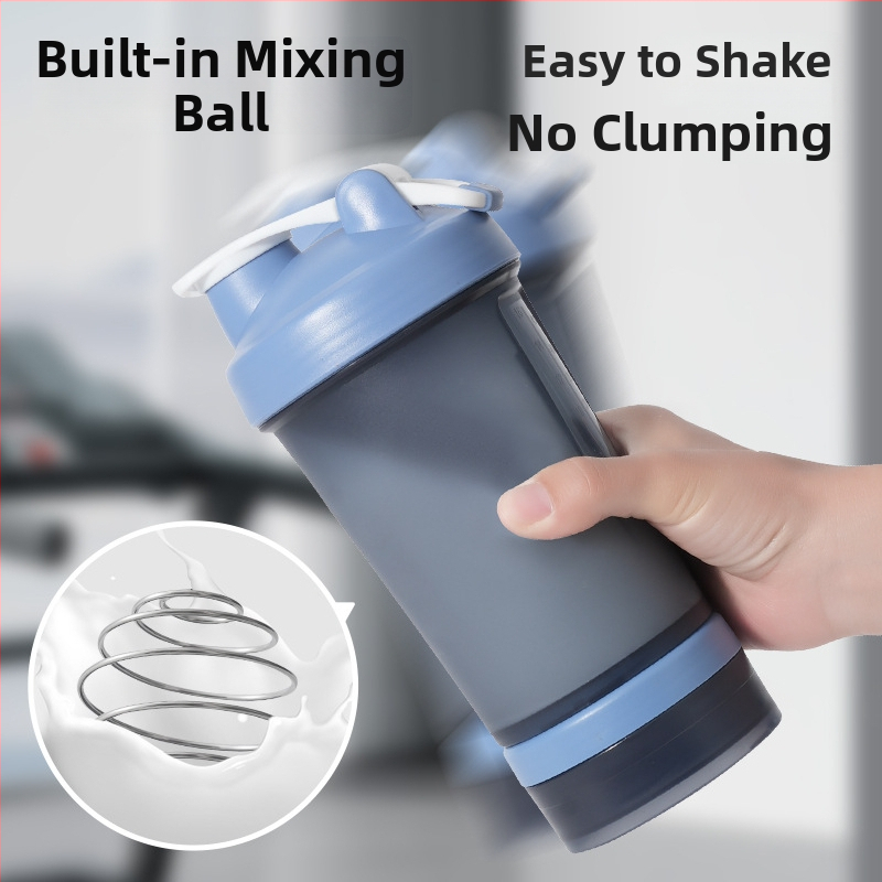 Cană de shaker din plastic cu trei compartimente și cutie pentru pulbere, pentru fitness