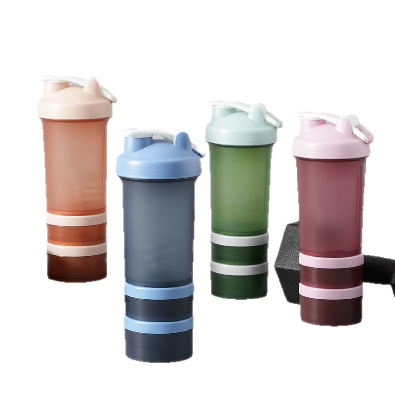 Cană de shaker din plastic cu trei compartimente și cutie pentru pulbere, pentru fitness