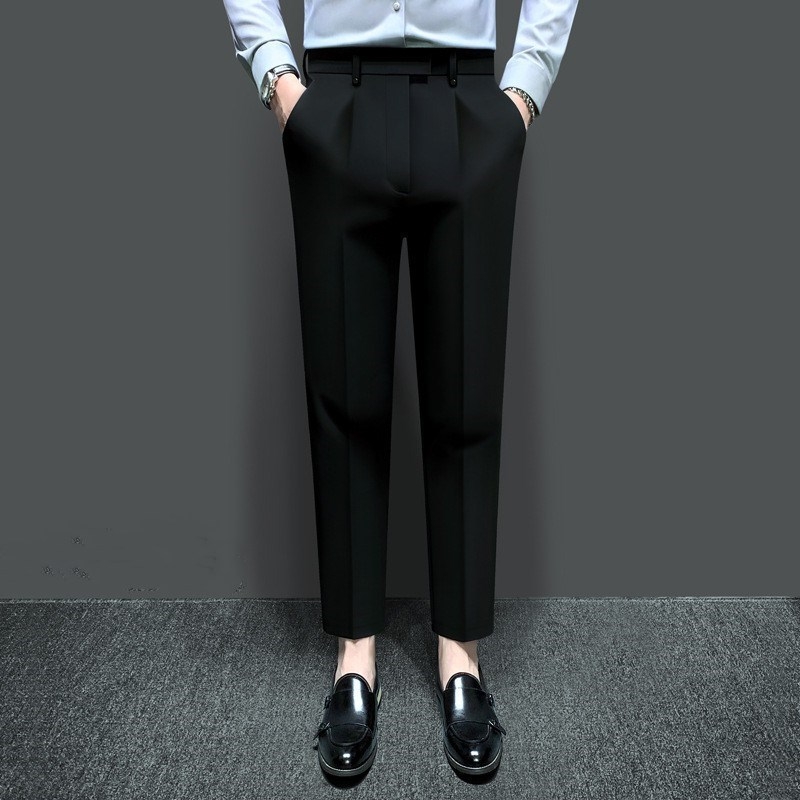 Férfi slim-fit casual nadrág, koreai stílusú, 9/10 hossz, tavasz–ősz, vasalás nélkül, lágy esésű