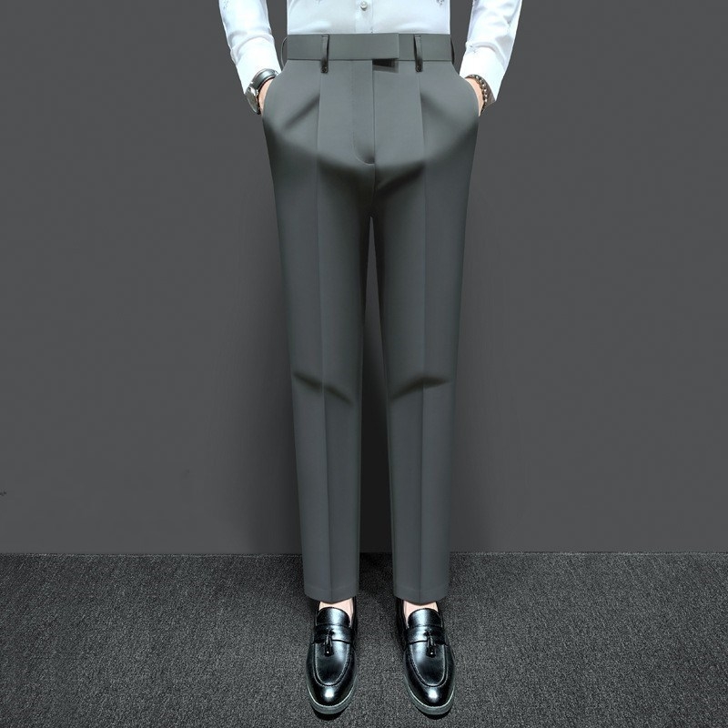 Férfi slim-fit casual nadrág, koreai stílusú, 9/10 hossz, tavasz–ősz, vasalás nélkül, lágy esésű