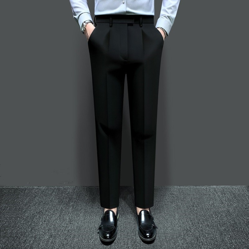 Férfi slim-fit casual nadrág, koreai stílusú, 9/10 hossz, tavasz–ősz, vasalás nélkül, lágy esésű