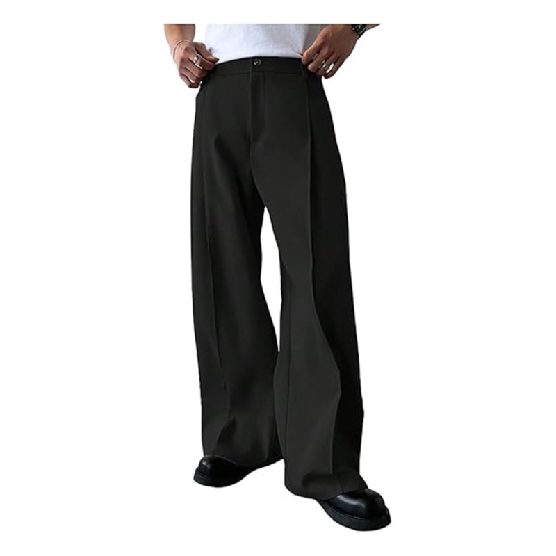 Fiatal férfiaknak szóló elegáns nadrág, egyszínű, elülső pliséval, twill anyag, egyenes szabás
