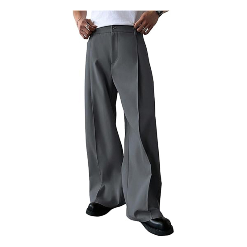 Fiatal férfiaknak szóló elegáns nadrág, egyszínű, elülső pliséval, twill anyag, egyenes szabás