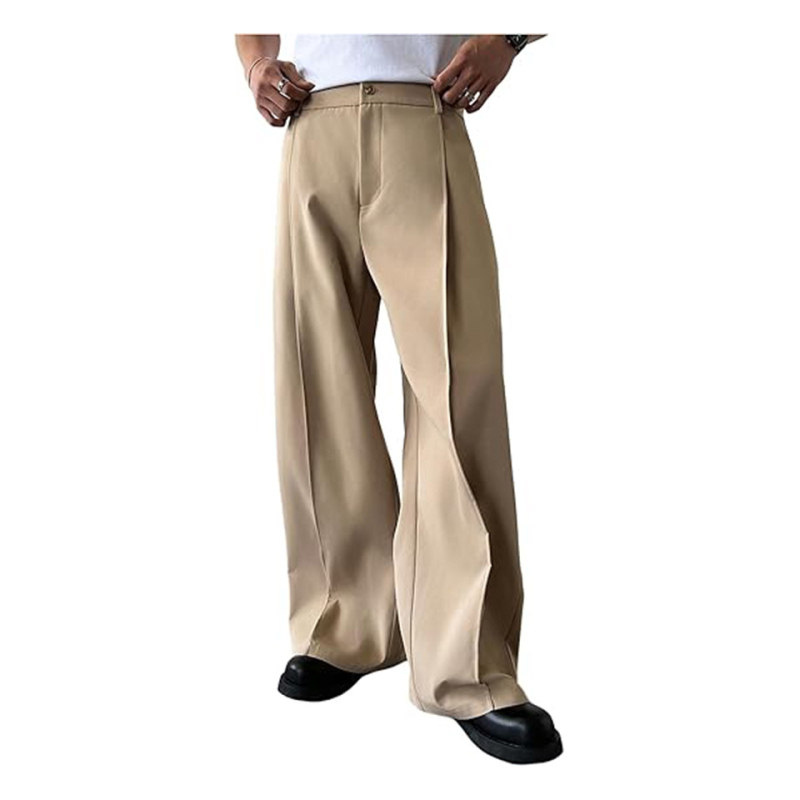 Fiatal férfiaknak szóló elegáns nadrág, egyszínű, elülső pliséval, twill anyag, egyenes szabás