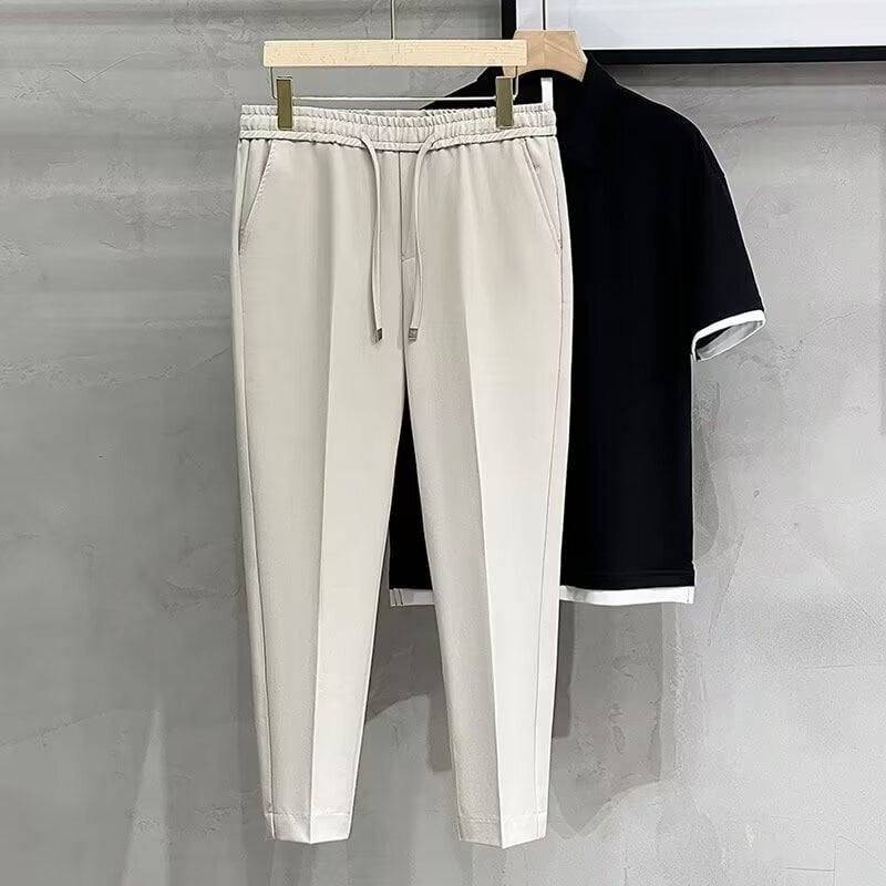 Férfi koreai stílusú slim fit nadrág, elasztikus derék, bokáig érő, egyenes szabás, pamut-poliészter keverék, 2024 tavasz