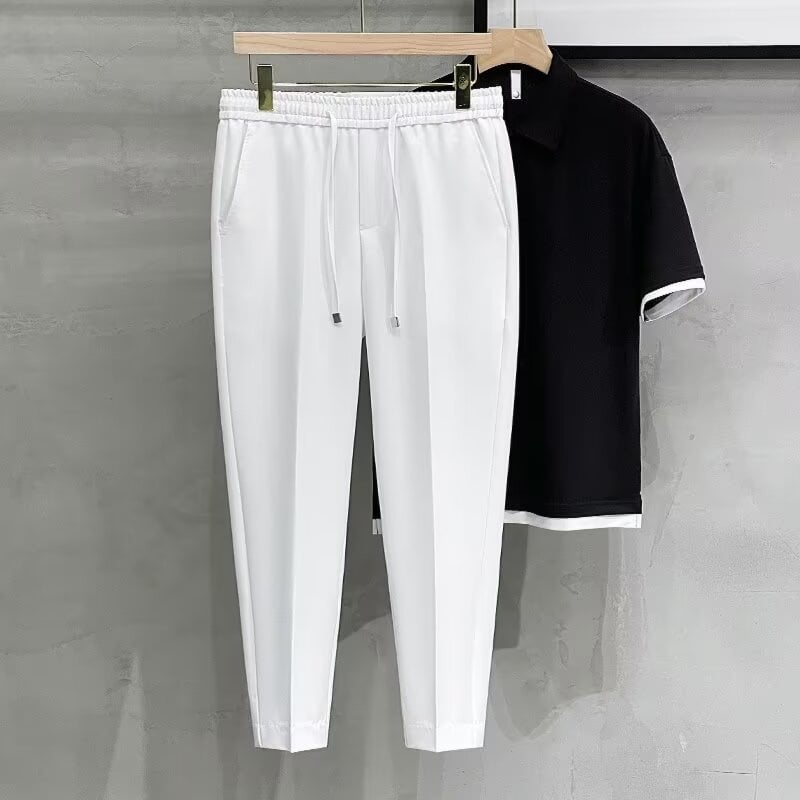 Férfi koreai stílusú slim fit nadrág, elasztikus derék, bokáig érő, egyenes szabás, pamut-poliészter keverék, 2024 tavasz