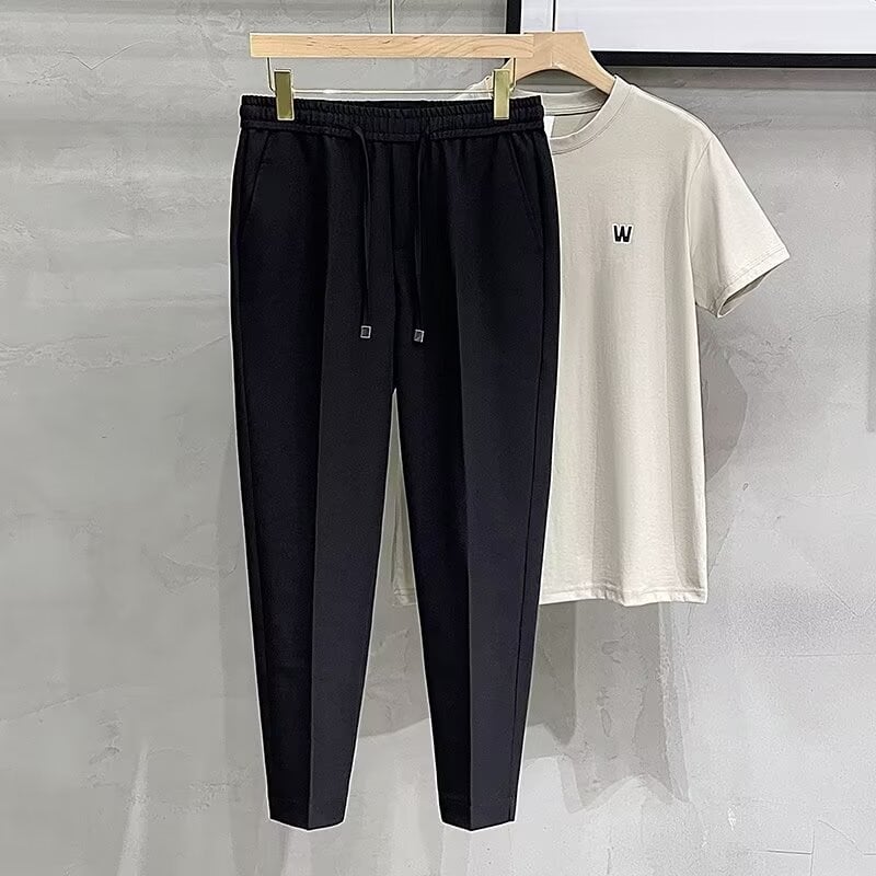 Férfi koreai stílusú slim fit nadrág, elasztikus derék, bokáig érő, egyenes szabás, pamut-poliészter keverék, 2024 tavasz