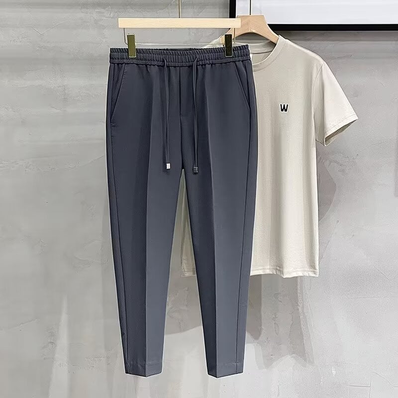 Férfi koreai stílusú slim fit nadrág, elasztikus derék, bokáig érő, egyenes szabás, pamut-poliészter keverék, 2024 tavasz