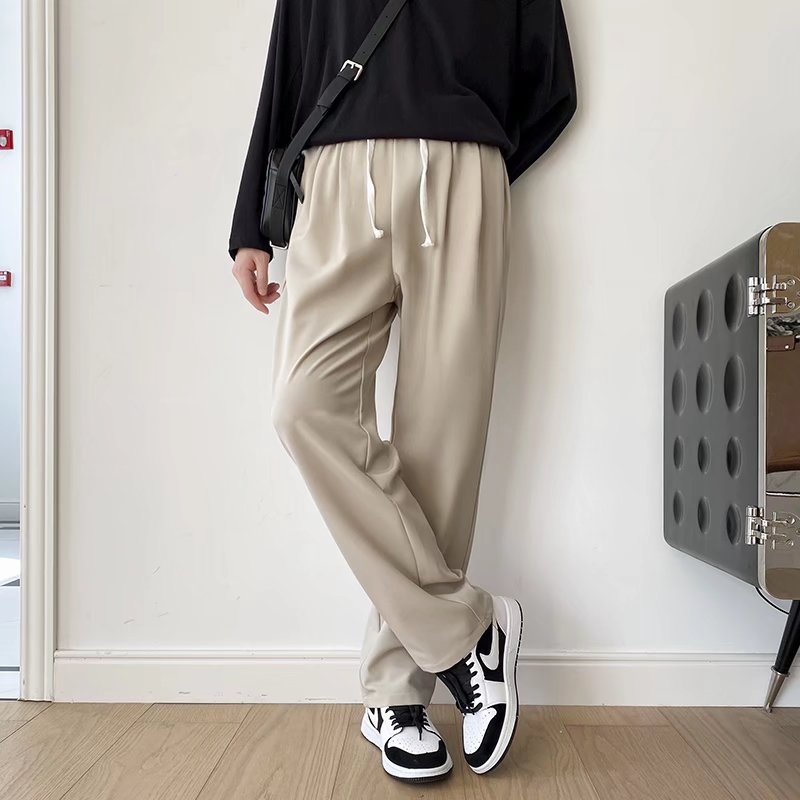 Crne muške hlače ravnog kroja s vezicom, dugačke do poda, širokih nogavica, korejskog stila, svakodnevne