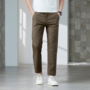 Férfi nyári cropped egyenes szabású nadrág, könnyű pamut, üzleti casual viselet, gyűrődésálló