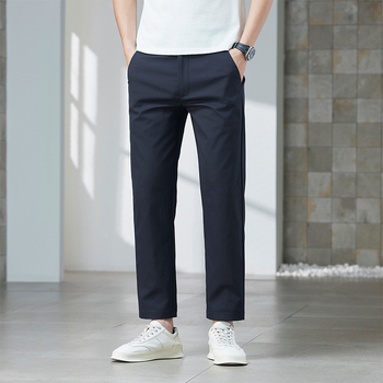 Férfi nyári cropped egyenes szabású nadrág, könnyű pamut, üzleti casual viselet, gyűrődésálló