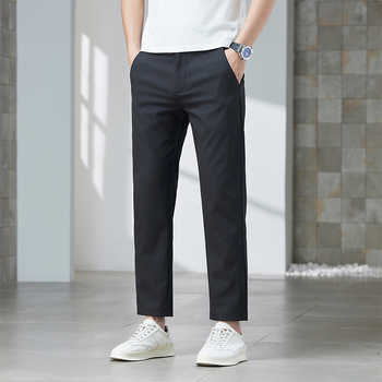 Férfi nyári cropped egyenes szabású nadrág, könnyű pamut, üzleti casual viselet, gyűrődésálló