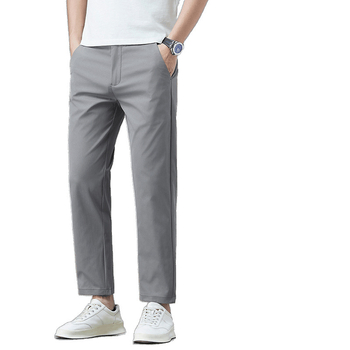 Férfi nyári cropped egyenes szabású nadrág, könnyű pamut, üzleti casual viselet, gyűrődésálló