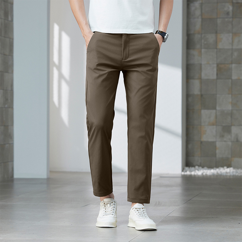 Férfi nyári cropped egyenes szabású nadrág, könnyű pamut, üzleti casual viselet, gyűrődésálló