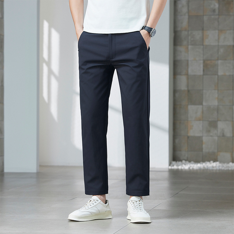 Férfi nyári cropped egyenes szabású nadrág, könnyű pamut, üzleti casual viselet, gyűrődésálló
