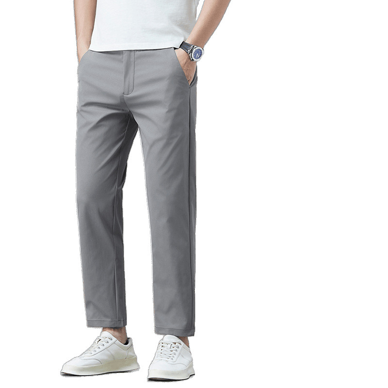Férfi nyári cropped egyenes szabású nadrág, könnyű pamut, üzleti casual viselet, gyűrődésálló