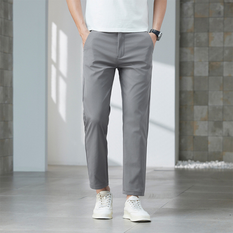 Férfi nyári cropped egyenes szabású nadrág, könnyű pamut, üzleti casual viselet, gyűrődésálló