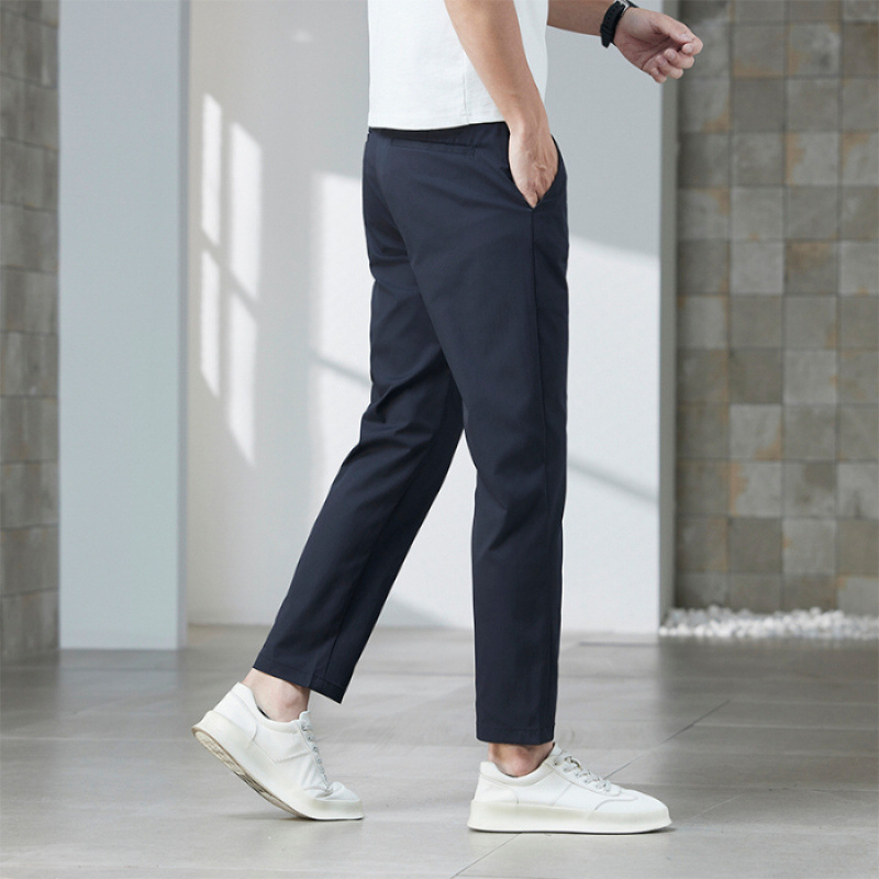 Férfi nyári cropped egyenes szabású nadrág, könnyű pamut, üzleti casual viselet, gyűrődésálló