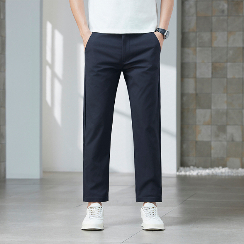 Férfi nyári cropped egyenes szabású nadrág, könnyű pamut, üzleti casual viselet, gyűrődésálló