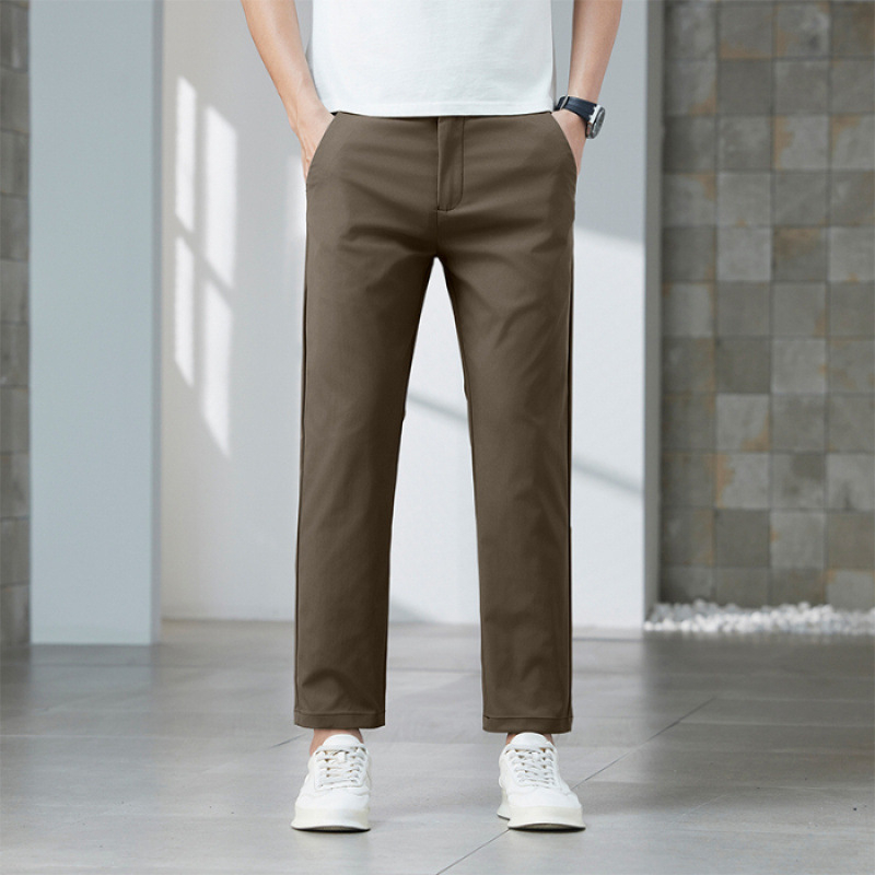 Férfi nyári cropped egyenes szabású nadrág, könnyű pamut, üzleti casual viselet, gyűrődésálló