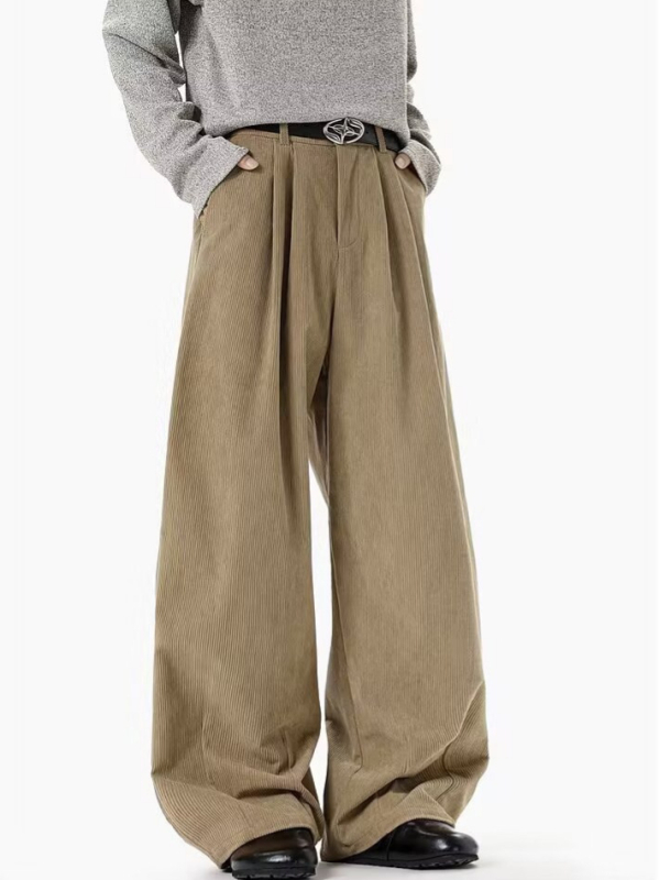 Corduroy férfi casual nadrág, 2026-os új retro stílus, laza szabás, egyenes, széles lábrész