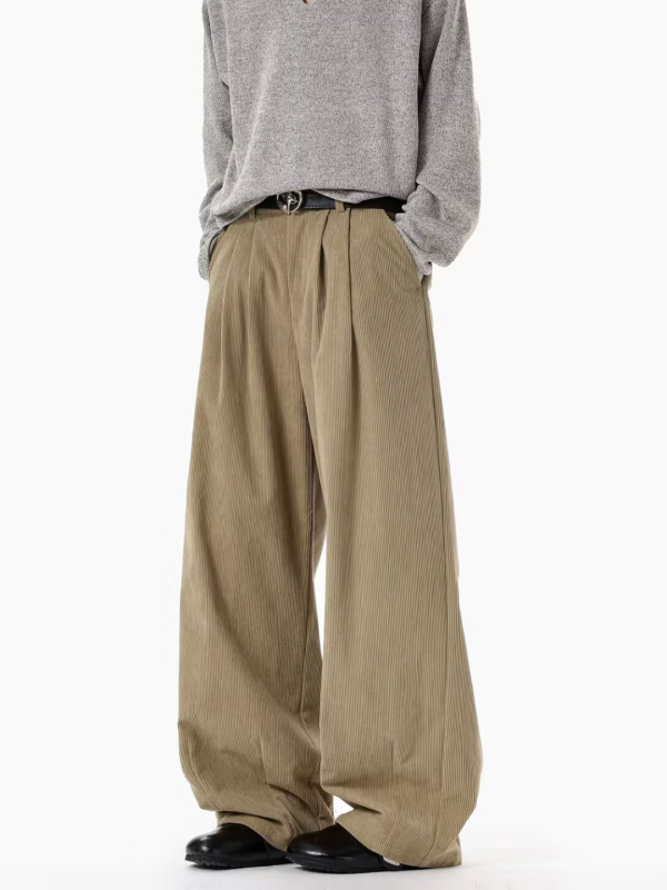 Corduroy férfi casual nadrág, 2026-os új retro stílus, laza szabás, egyenes, széles lábrész