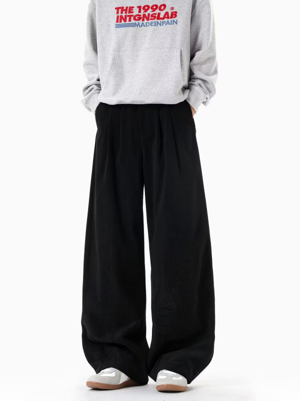 Corduroy férfi casual nadrág, 2026-os új retro stílus, laza szabás, egyenes, széles lábrész