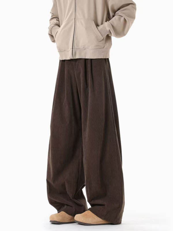 Corduroy férfi casual nadrág, 2026-os új retro stílus, laza szabás, egyenes, széles lábrész