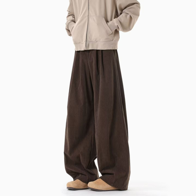 Corduroy férfi casual nadrág, 2026-os új retro stílus, laza szabás, egyenes, széles lábrész