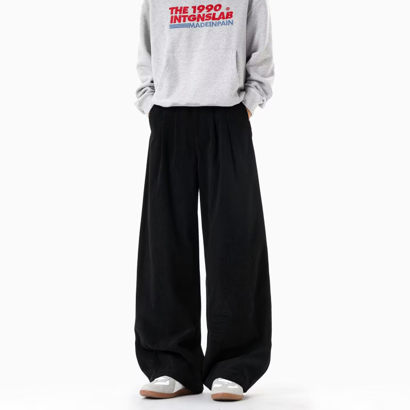 Corduroy férfi casual nadrág, 2026-os új retro stílus, laza szabás, egyenes, széles lábrész