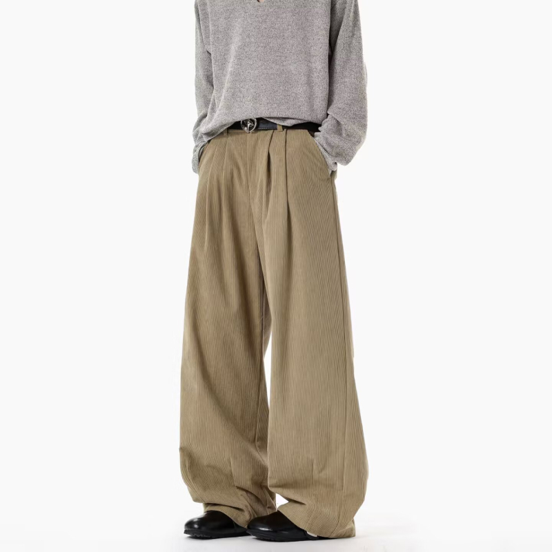 Corduroy férfi casual nadrág, 2026-os új retro stílus, laza szabás, egyenes, széles lábrész