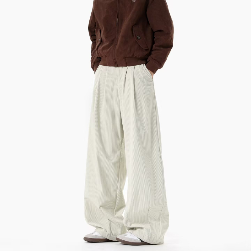 Corduroy férfi casual nadrág, 2026-os új retro stílus, laza szabás, egyenes, széles lábrész