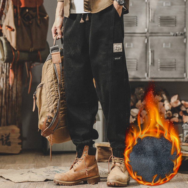 Férfi denim nadrág, mosott pamutból, lazán szabott, széles szárú, patchwork részletekkel, tavasz–ősz