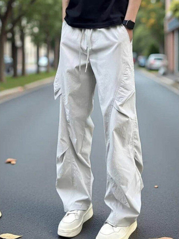 Férfi pliszírozott ejtőernyőnadrág, tavasz-ősz, streetwear cargo, laza szabású egyenes szár