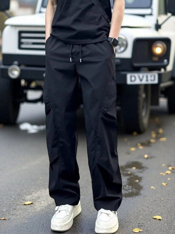 Férfi pliszírozott ejtőernyőnadrág, tavasz-ősz, streetwear cargo, laza szabású egyenes szár