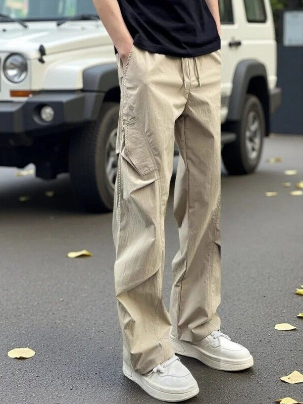 Férfi pliszírozott ejtőernyőnadrág, tavasz-ősz, streetwear cargo, laza szabású egyenes szár