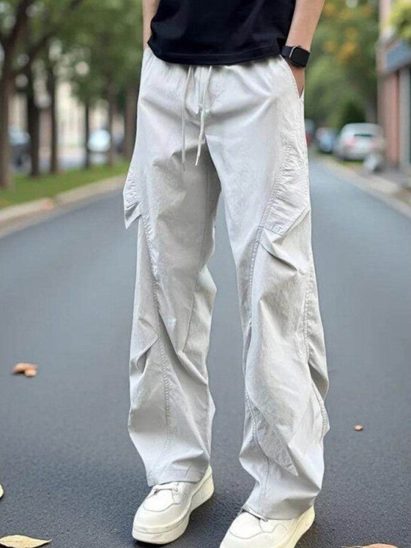 Férfi pliszírozott ejtőernyőnadrág, tavasz-ősz, streetwear cargo, laza szabású egyenes szár