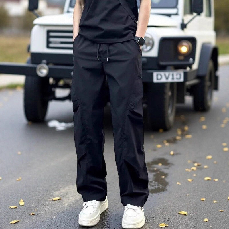 Férfi pliszírozott ejtőernyőnadrág, tavasz-ősz, streetwear cargo, laza szabású egyenes szár
