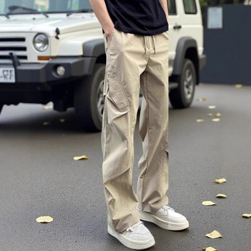 Férfi pliszírozott ejtőernyőnadrág, tavasz-ősz, streetwear cargo, laza szabású egyenes szár