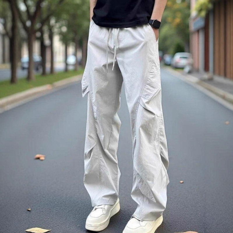 Férfi pliszírozott ejtőernyőnadrág, tavasz-ősz, streetwear cargo, laza szabású egyenes szár