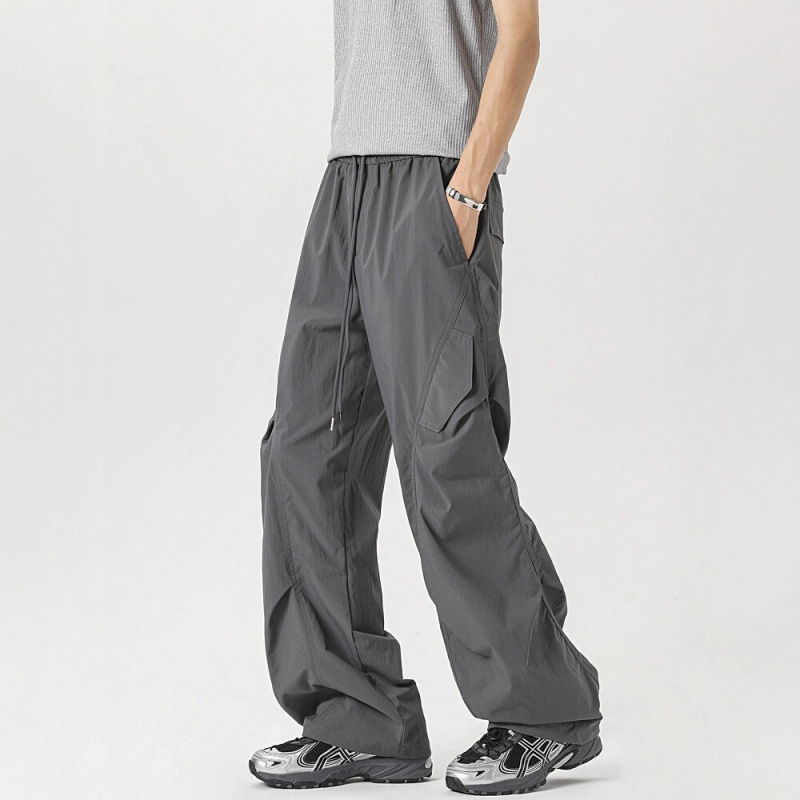 Férfi pliszírozott ejtőernyőnadrág, tavasz-ősz, streetwear cargo, laza szabású egyenes szár