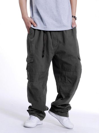 Plusz méretű férfiak széles lábú nadrág, elasztikus derék, 100% pamut, több zseb, utca hip-hop stílus