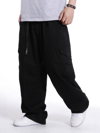 Plusz méretű férfiak széles lábú nadrág, elasztikus derék, 100% pamut, több zseb, utca hip-hop stílus
