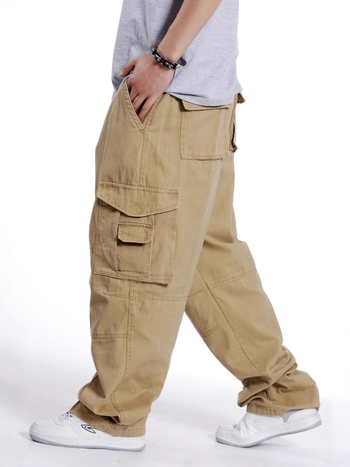 Plusz méretű férfiak széles lábú nadrág, elasztikus derék, 100% pamut, több zseb, utca hip-hop stílus