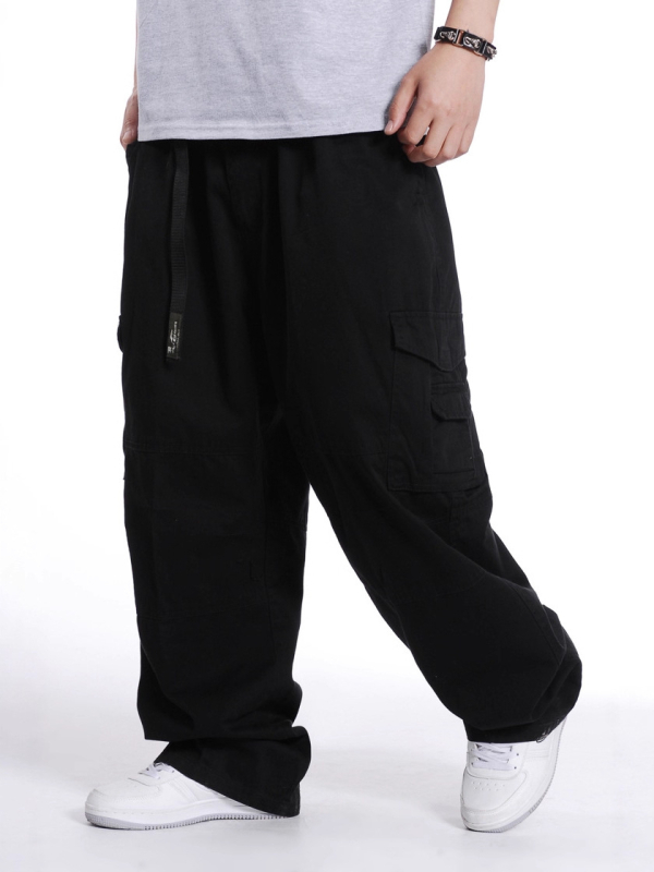 Plusz méretű férfiak széles lábú nadrág, elasztikus derék, 100% pamut, több zseb, utca hip-hop stílus