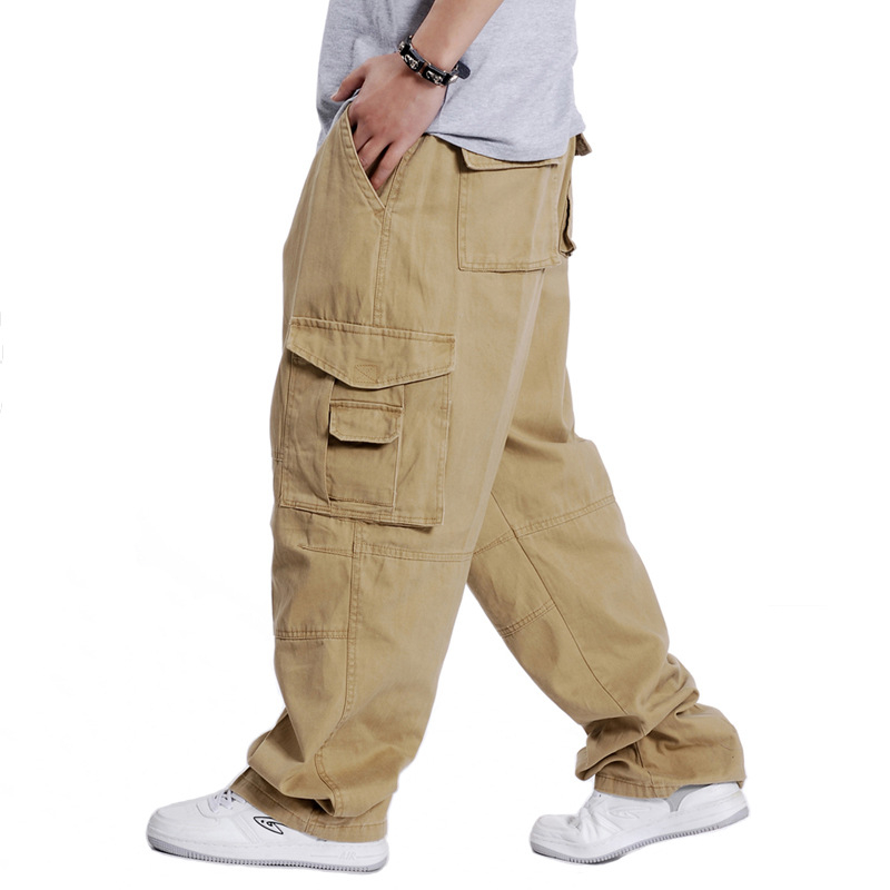 Plusz méretű férfiak széles lábú nadrág, elasztikus derék, 100% pamut, több zseb, utca hip-hop stílus