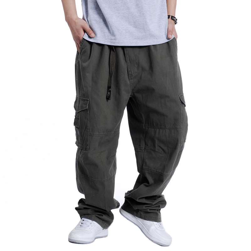 Plusz méretű férfiak széles lábú nadrág, elasztikus derék, 100% pamut, több zseb, utca hip-hop stílus