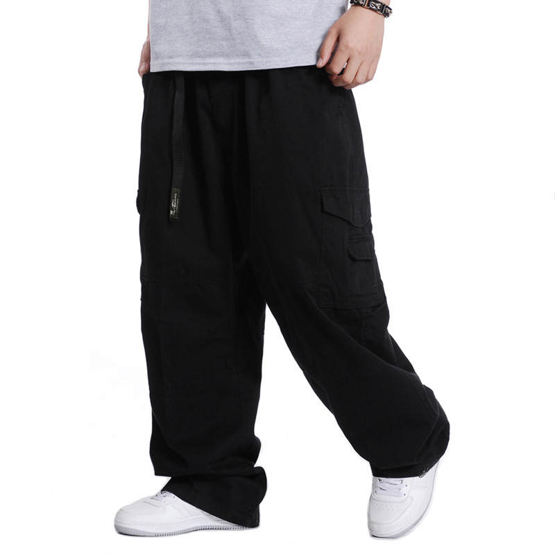 Plusz méretű férfiak széles lábú nadrág, elasztikus derék, 100% pamut, több zseb, utca hip-hop stílus