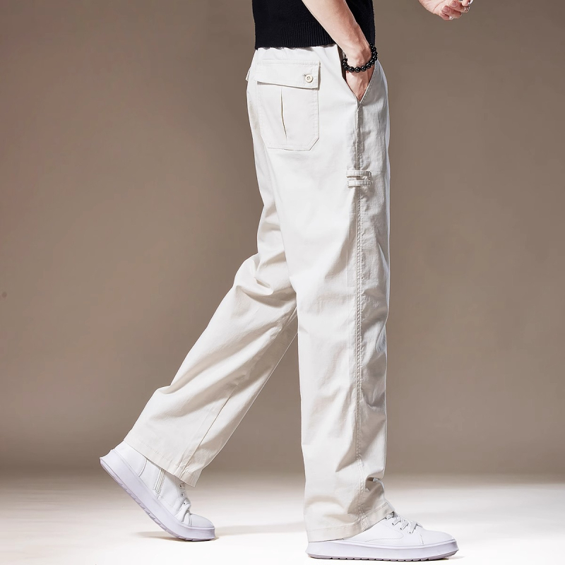 Férfiaknak készült fleece-belélt casual nadrág, tavasz–ősz, laza szabás, széles szárú, rövidített hosszúságú