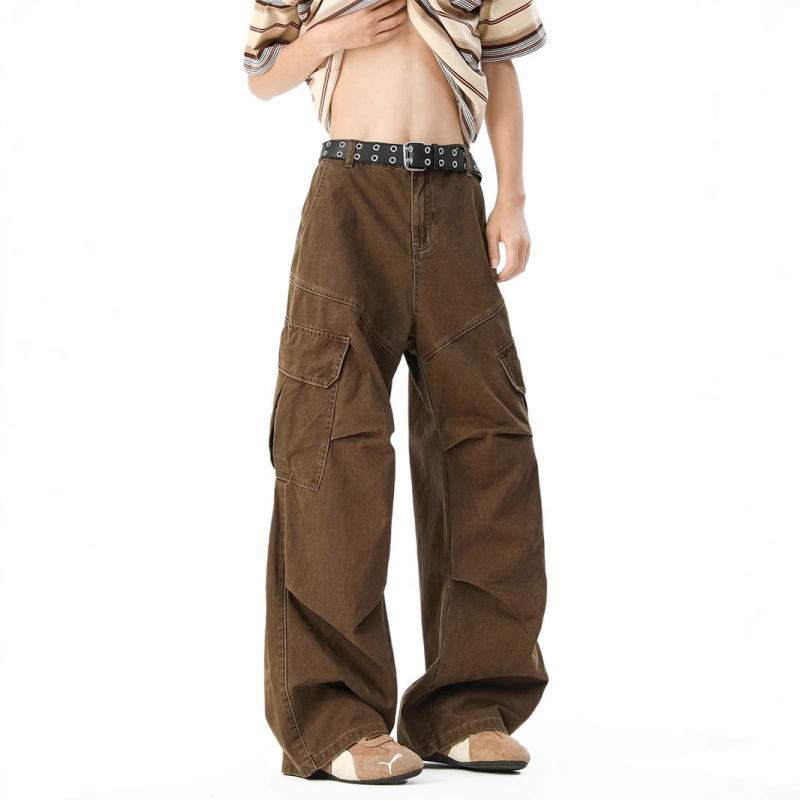 Muške cargo hlače u američkom retro stilu, oprane, s plisama, opuštenog kroja, širokih nogavica, za proljeće i jesen, casual streetwear